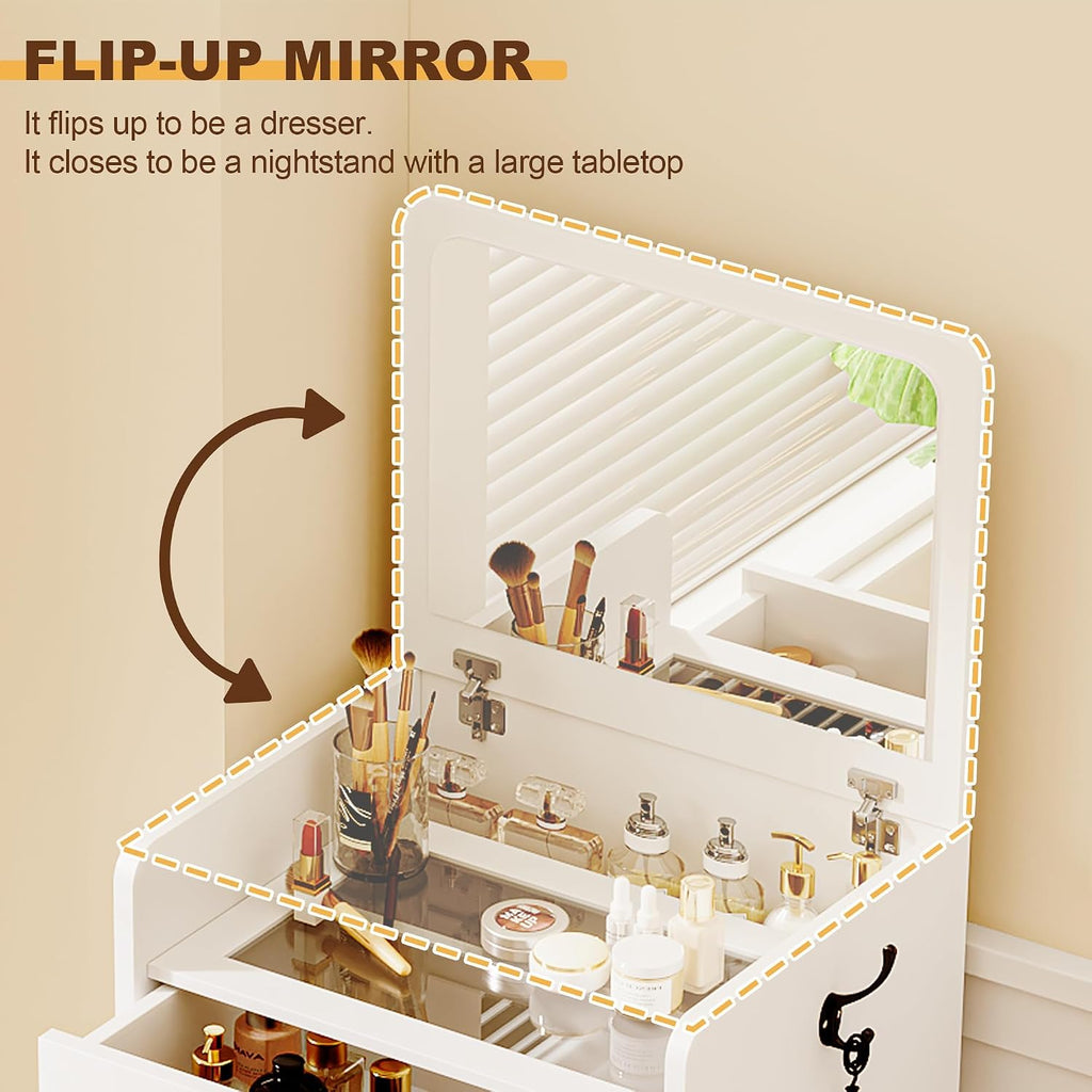 3 in 1 Make Vanity Desk with Flip Top Mirror,Glass Top Makeup Vanity Table with Cushioned Stool,Small Dressing Table with 3 Drawers,Compact Vanity Set for Apartment,Dormitory(White)