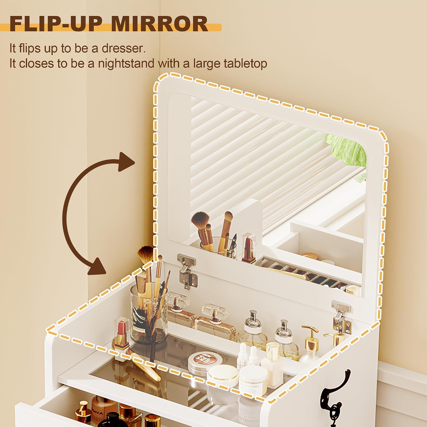 3 in 1 Make Vanity Desk with Flip Top Mirror,Glass Top Makeup Vanity Table with Cushioned Stool,Small Dressing Table with 3 Drawers,Compact Vanity Set for Apartment,Dormitory(White)