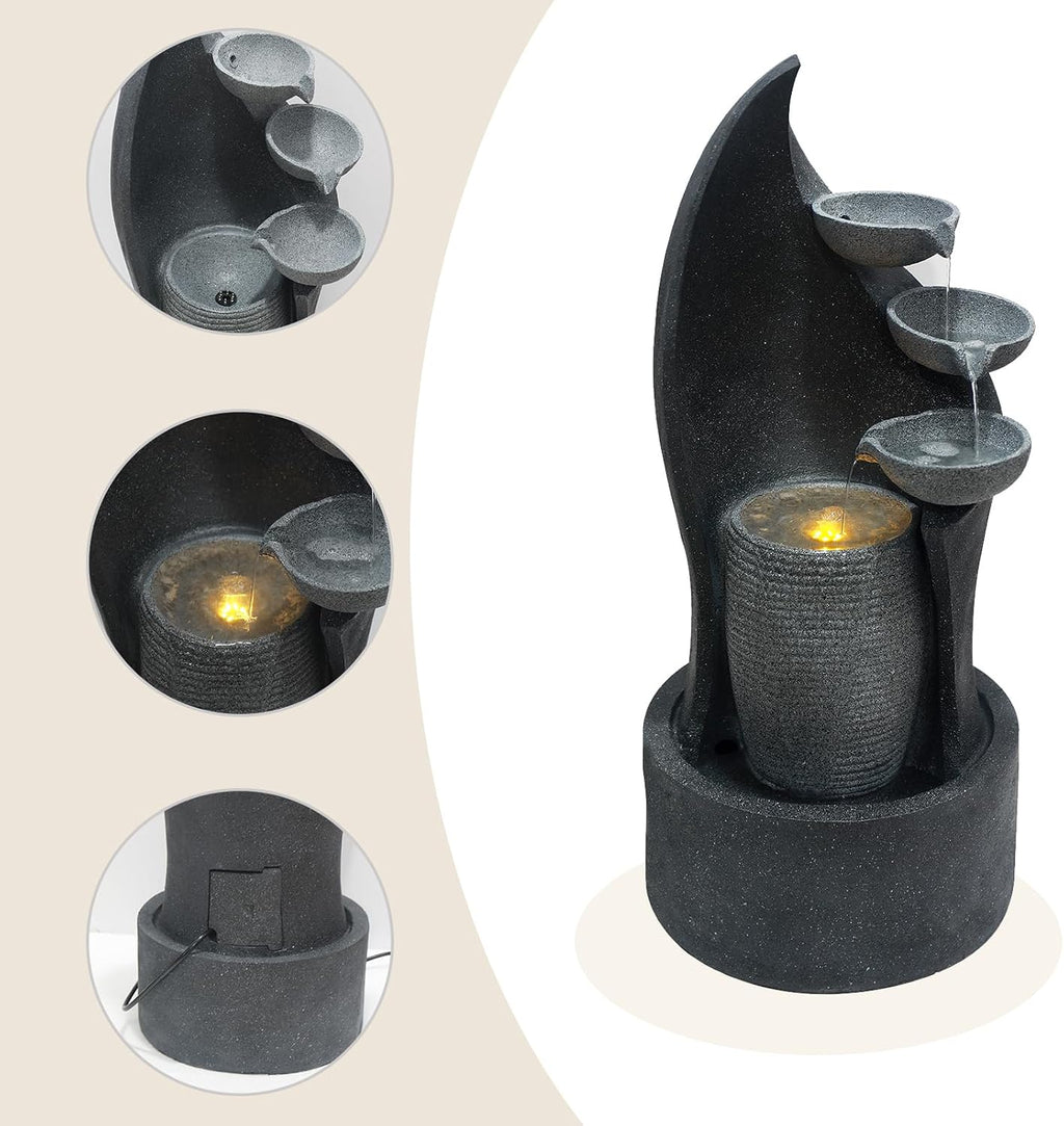 G-LEAF Cascading Bowl Water Fountain with LED Lights Outdoor 35'' H Waterfall Fountain 3-Tier Indoor Floor Standing for Garden, Living Room, Patio, Home Decor