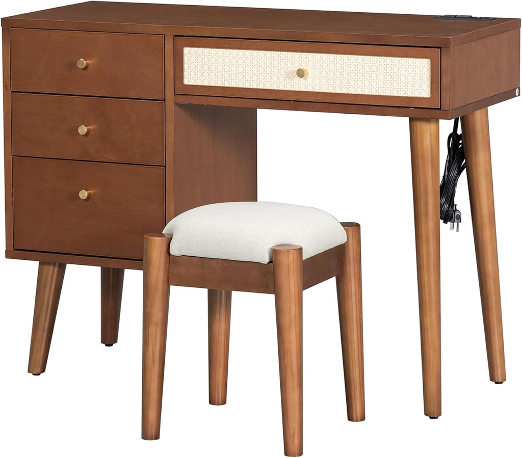 JIVOIT Vanity Table Set with Stool, 39' Retro Bohemian Style Dressing Table 3 Storage Drawers and 1 Rectangular Rattan Drawer, Wooden Makeup Vanity Set for Small Space (Walnut,Vanity Set)