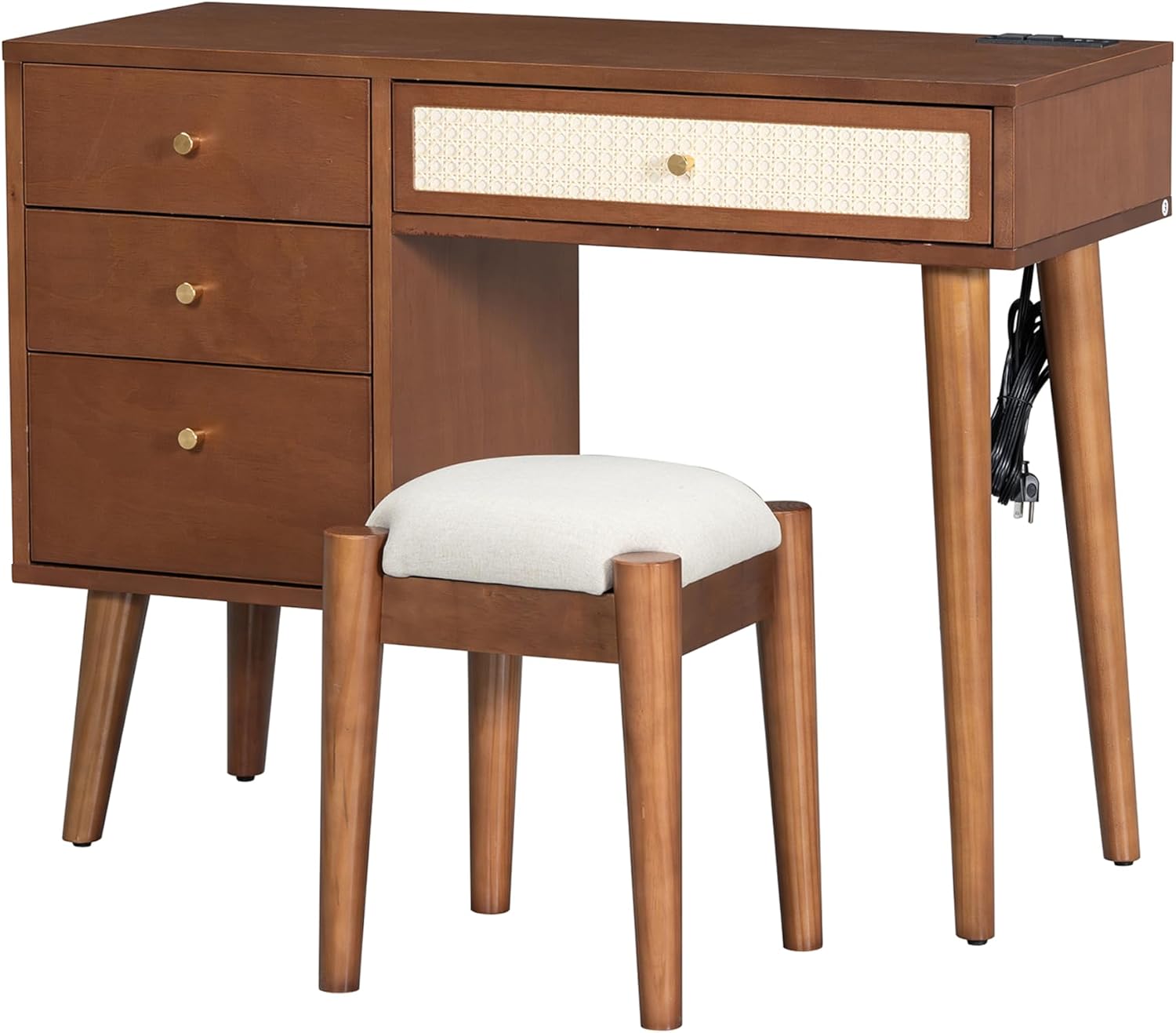 JIVOIT Vanity Table Set with Stool, 39' Retro Bohemian Style Dressing Table 3 Storage Drawers and 1 Rectangular Rattan Drawer, Wooden Makeup Vanity Set for Small Space (Walnut,Vanity Set)