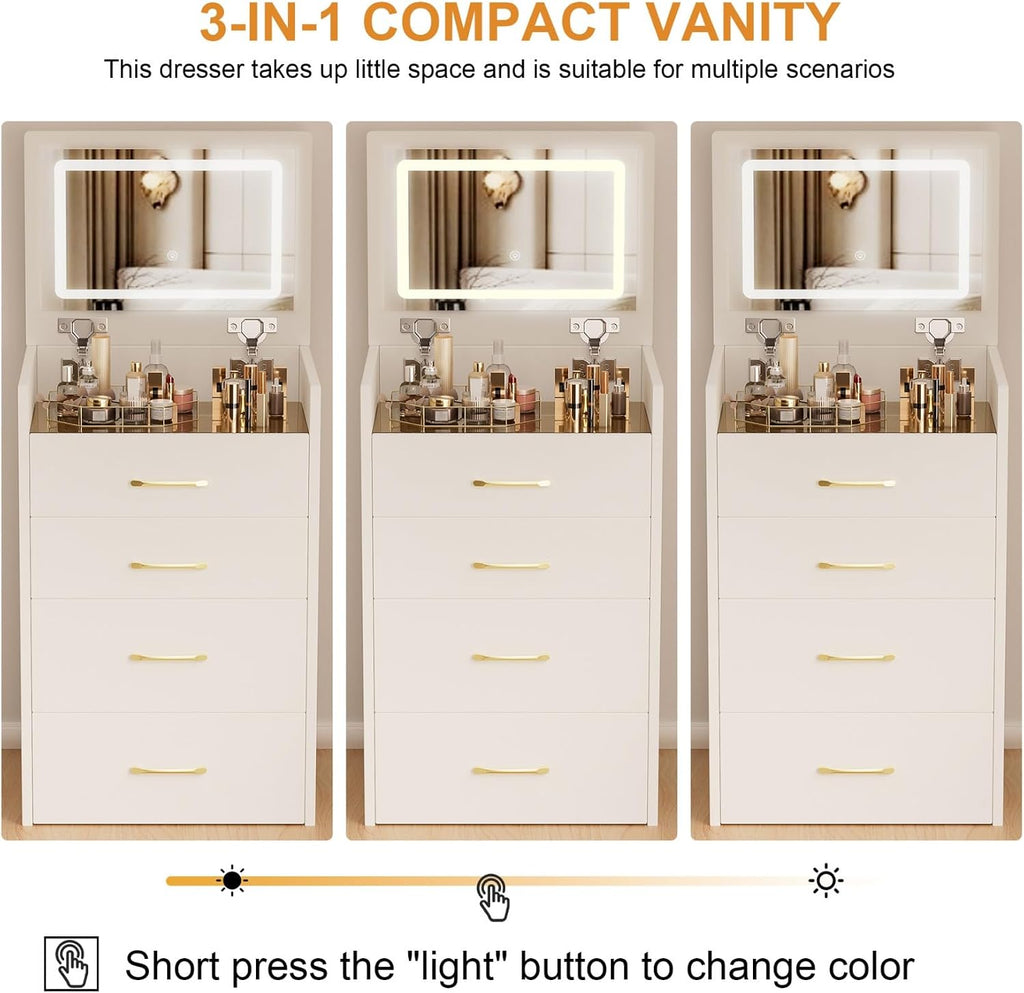 KEIKI 3 in 1 Make Up Vanity Desk with Open Top Mirror, Nesting Stool, Visible Glass Desktop & 3 Storage Drawers, 3 Lighting Color, Makeup Dresser Table or Nightstand for Bedroom, Dressing Room