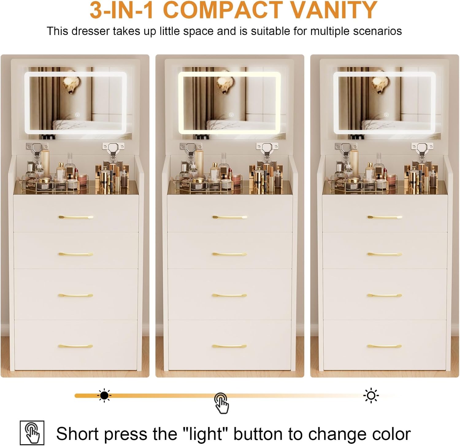 KEIKI 3 in 1 Make Up Vanity Desk with Open Top Mirror, Nesting Stool, Visible Glass Desktop & 3 Storage Drawers, 3 Lighting Color, Makeup Dresser Table or Nightstand for Bedroom, Dressing Room