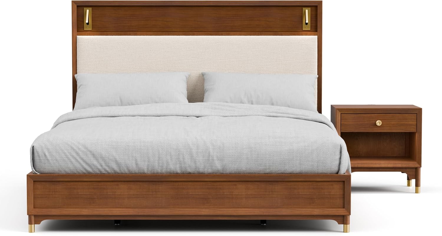 Furniture of America Forma Mid-Century Modern Solid Wood 2-Piece Bedroom Collection, Upholstered Bed Frame with LED Reading Light and Nightstand with Power Ports, No Box Spring Needed, Walnut, Queen