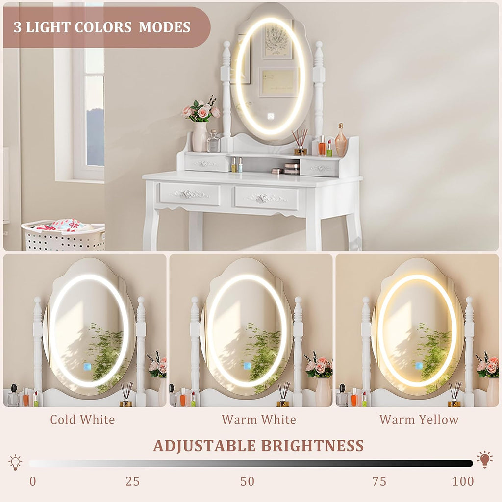 Whalefall Vanity Desk with LED Lighted Mirror & 4 Drawers, Makeup Vanity Table with Cushion Stool, 3 Color Modes & Adjustable Brightness Dressing Table, for Bedroom, White