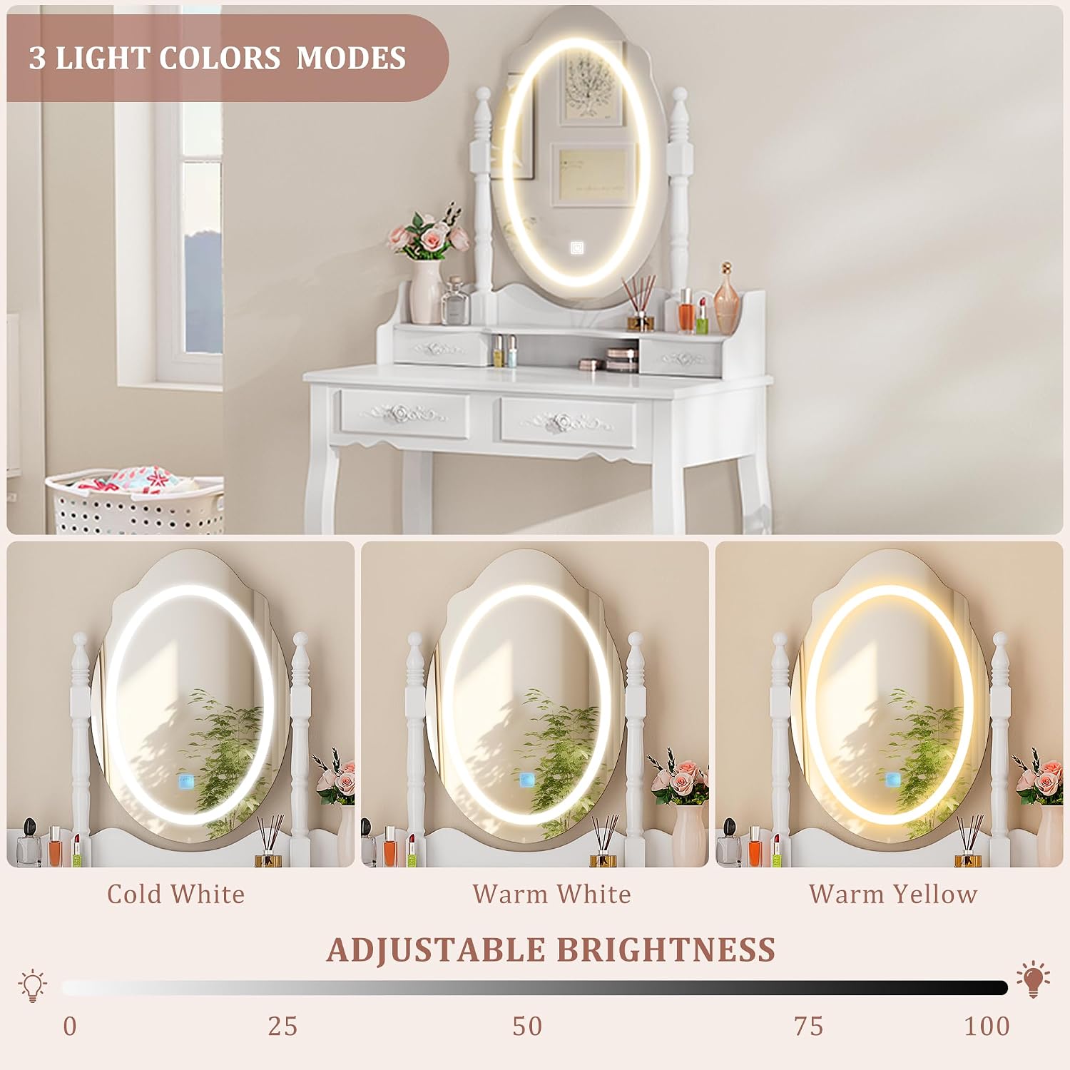 Whalefall Vanity Desk with LED Lighted Mirror & 4 Drawers, Makeup Vanity Table with Cushion Stool, 3 Color Modes & Adjustable Brightness Dressing Table, for Bedroom, White