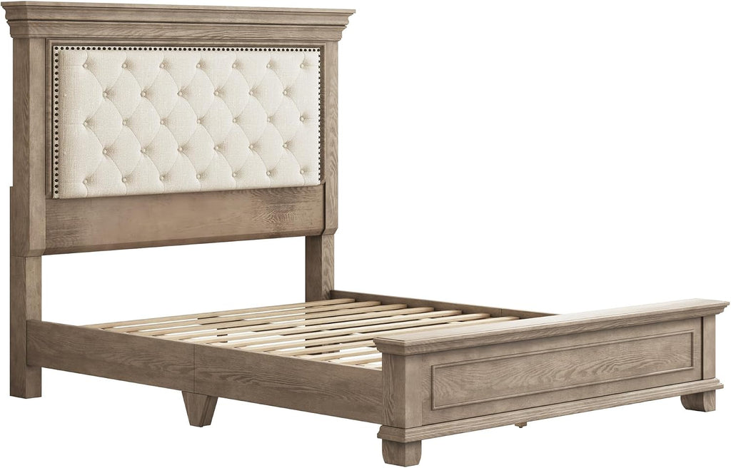 LUXOAK Solid Pine Wood Queen Bed Frame with 69' High Upholstered Headboard, Transitional Style Platform Bed, No Box Spring Needed & Easy Assembly, Button-Tufted Chenille Fabric, Antique Taupe