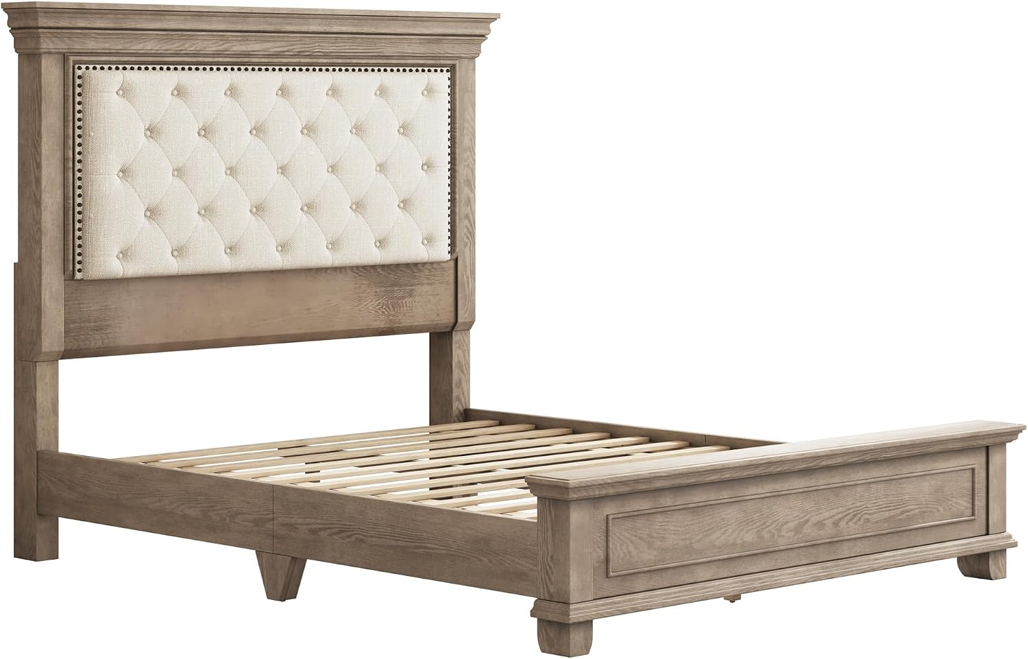 LUXOAK Solid Pine Wood Queen Bed Frame with 69' High Upholstered Headboard, Transitional Style Platform Bed, No Box Spring Needed & Easy Assembly, Button-Tufted Chenille Fabric, Antique Taupe