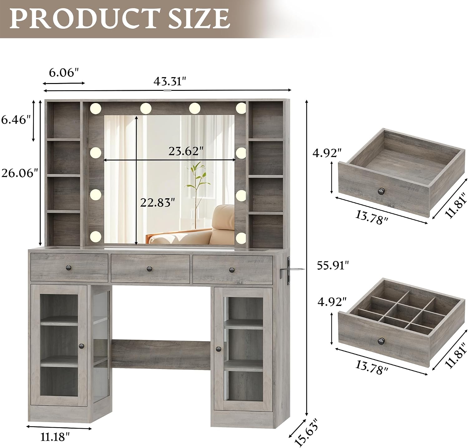 Wodeer Makeup Vanity Desk with Mirror and Lights, Grey Vanity with Glass Top, LED Lights & Power Outlet, 3 Drawers & 2 RGB Glass Cabinets, Adjustable Lighted Dressing Table for Women & Girls Bedroom