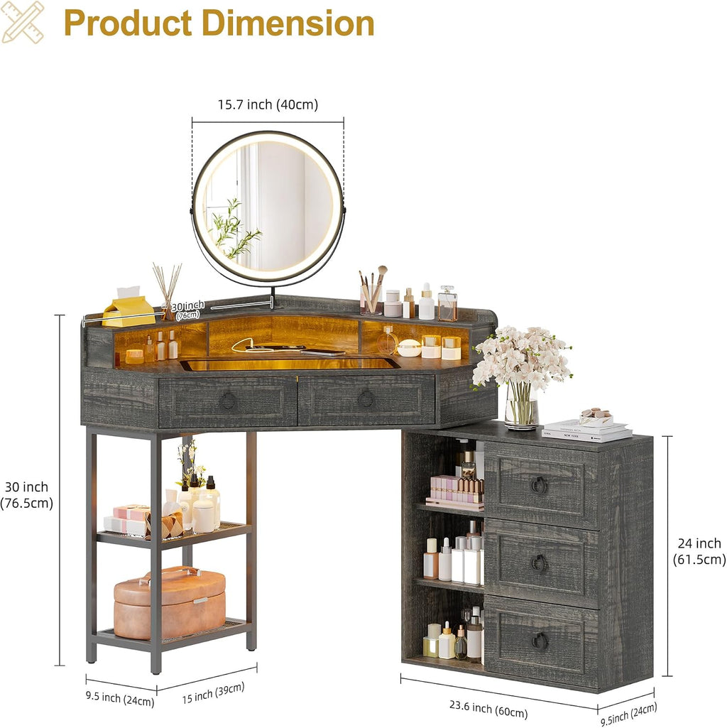 Lvifur Corner Vanity Desk with Mirror and Lights,Brown Corner Makeup Vanity with Charging Station, 3 Color Led Light Settings, 5 Drawers, and Open Shelves for Bedroom, Women, and Girls