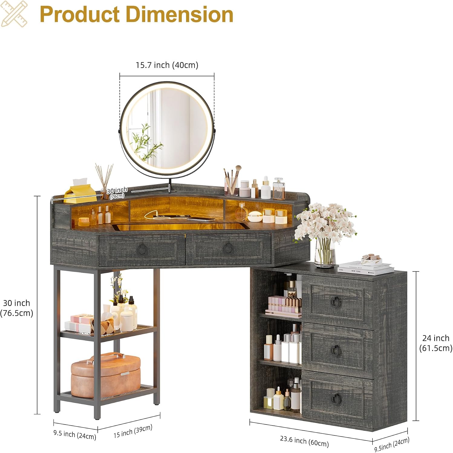 Lvifur Corner Vanity Desk with Mirror and Lights,Brown Corner Makeup Vanity with Charging Station, 3 Color Led Light Settings, 5 Drawers, and Open Shelves for Bedroom, Women, and Girls