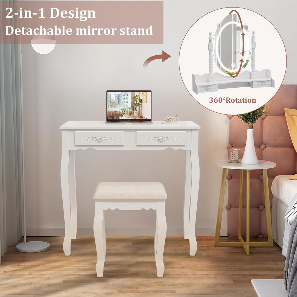 Whalefall Vanity Desk with LED Lighted Mirror & 4 Drawers, Makeup Vanity Table with Cushion Stool, 3 Color Modes & Adjustable Brightness Dressing Table, for Bedroom, White