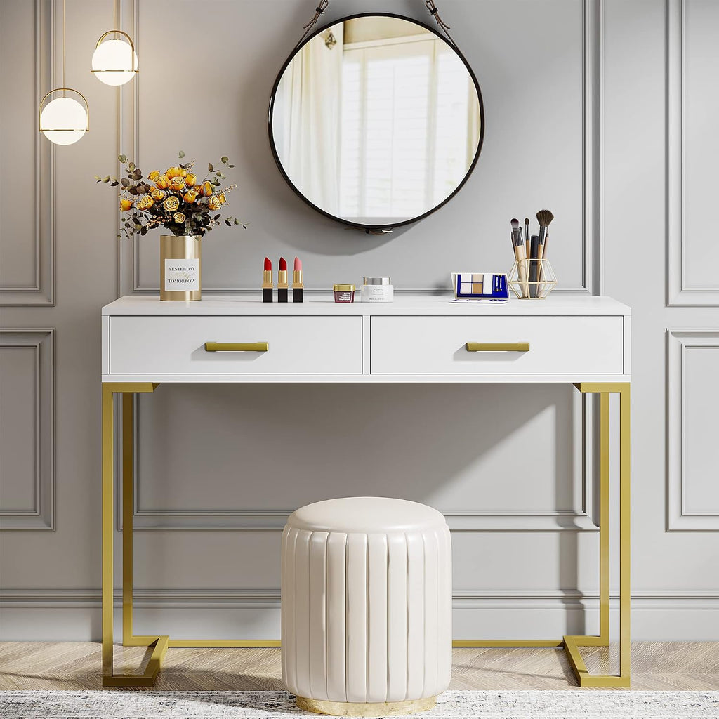 Tribesigns Vanity Desk with 2 Drawers, White and Gold Small Makeup Vanity, Modern Vanity Table Dressing Desk for Women Girls Gifts (Without Mirror)