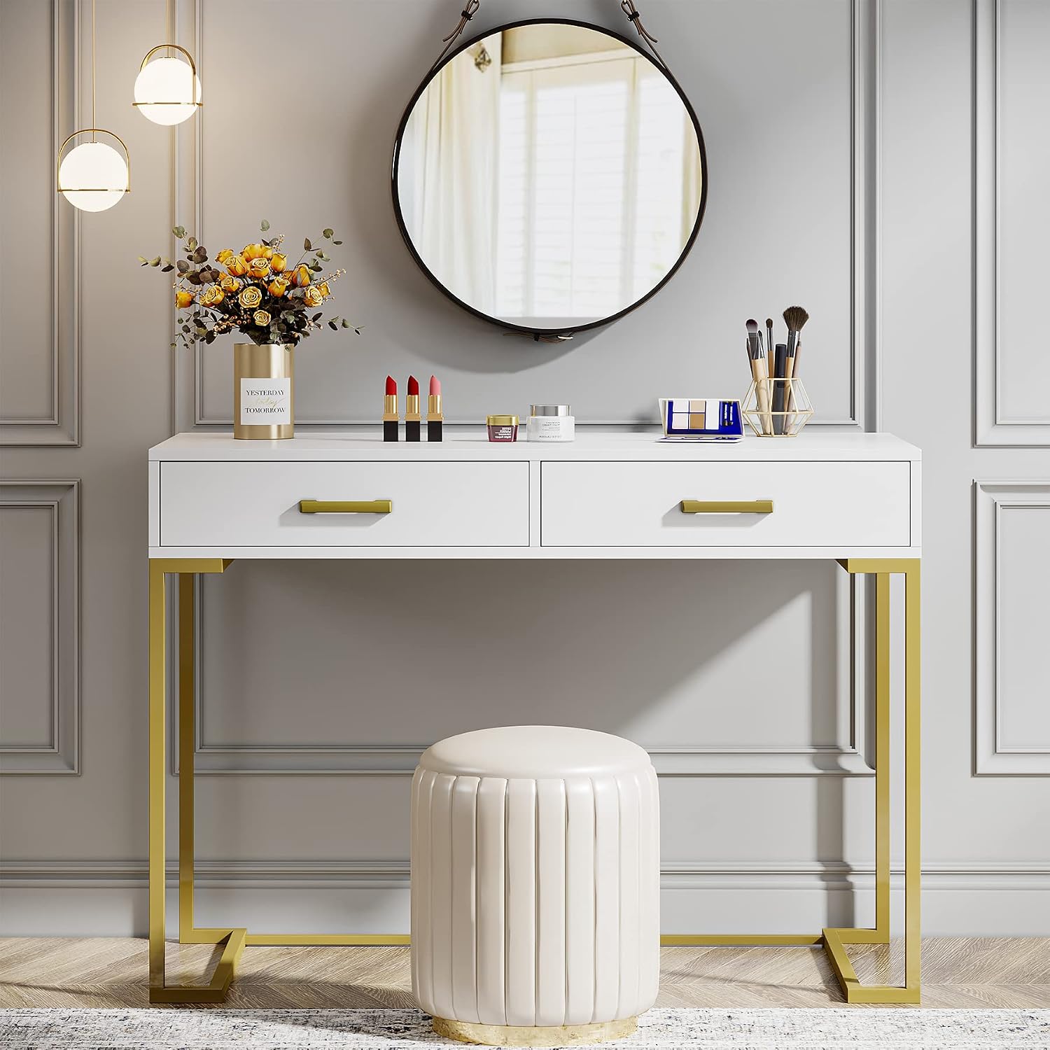 Tribesigns Vanity Desk with 2 Drawers, White and Gold Small Makeup Vanity, Modern Vanity Table Dressing Desk for Women Girls Gifts (Without Mirror)