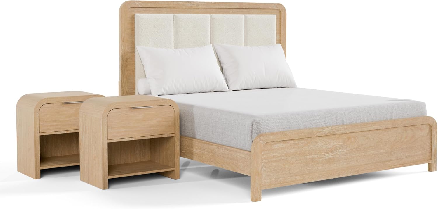 Furniture of America Verena Boho Solid Wood 3-Piece Queen Panel Bedroom Set with Channel Padded Headboard, Metal Side Glide and Finger Pulls, Box Spring Needed, Natural