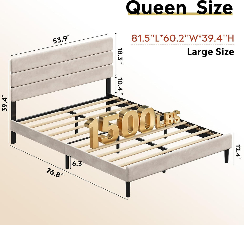 WLIVE Upholstered Bed Frame, Queen Bed Frame with Headboard, Platform Bed with Wood Slats, 1500LBS Mattress Foundation, No Box Spring Needed, Easy Assembly, Velvet Beige