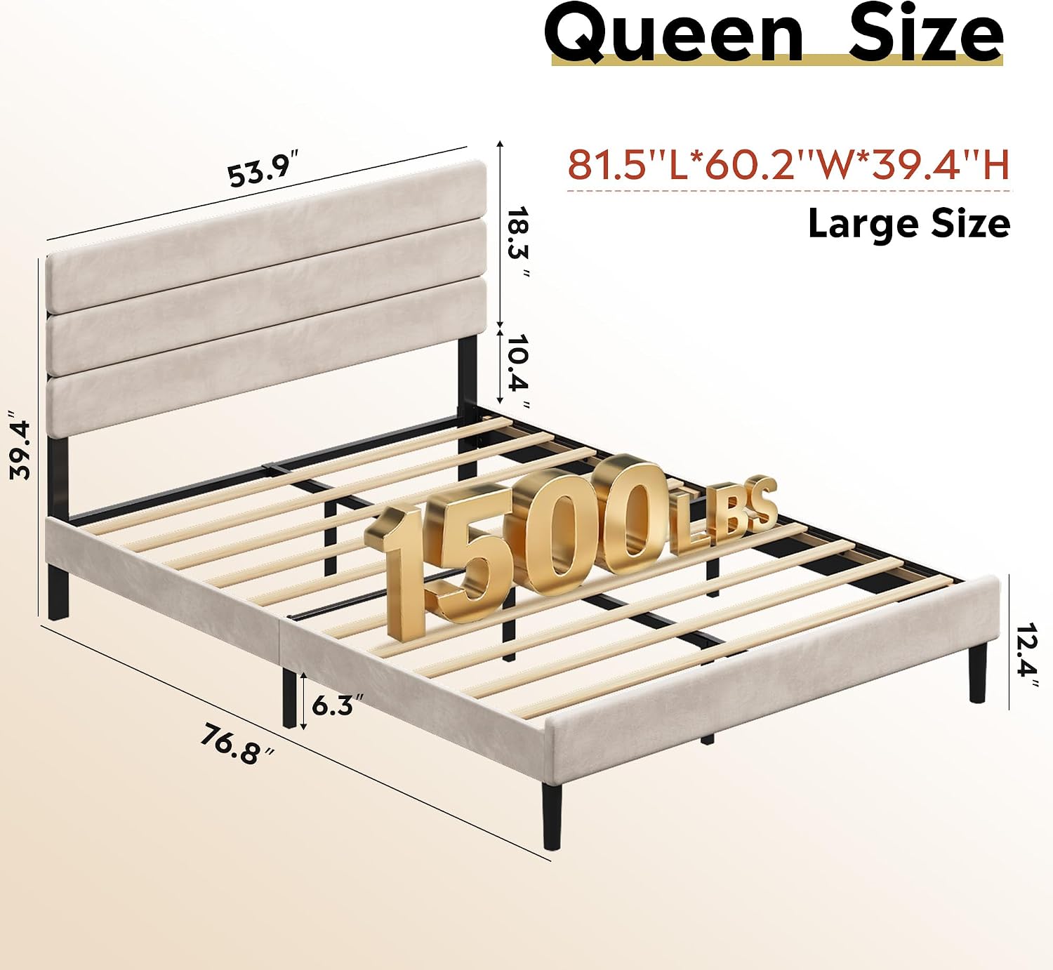 WLIVE Upholstered Bed Frame, Queen Bed Frame with Headboard, Platform Bed with Wood Slats, 1500LBS Mattress Foundation, No Box Spring Needed, Easy Assembly, Velvet Beige