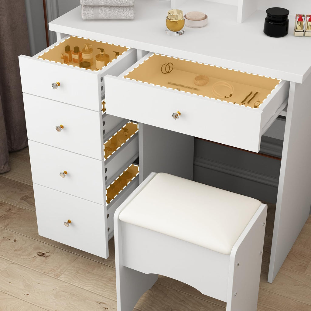 Vanity with Chair, Dressing Table with Lighted Rectangular Mirror, 5 Drawers and Shelves, Makeup Vanity Set with Storage for Bedroom, Crystal Knobs, White, 15.7' D x 31.5' W x 55.1' H
