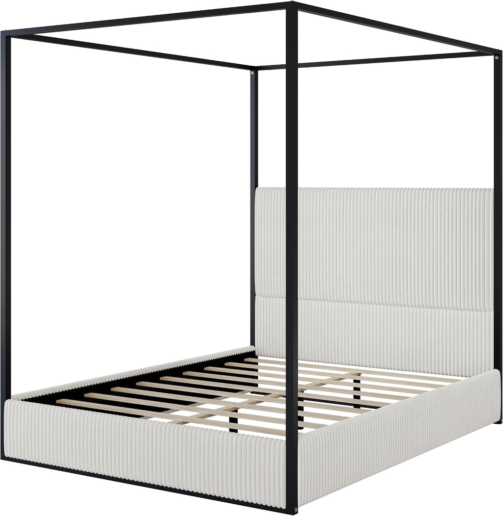 Modern Luxury 4-Poster Canopy Platform Bed Queen Size with Velvet Upholstered Tall Headboard, Metal Canopied Design Platform Bed Frame with Strong Slats Support (White+Black)