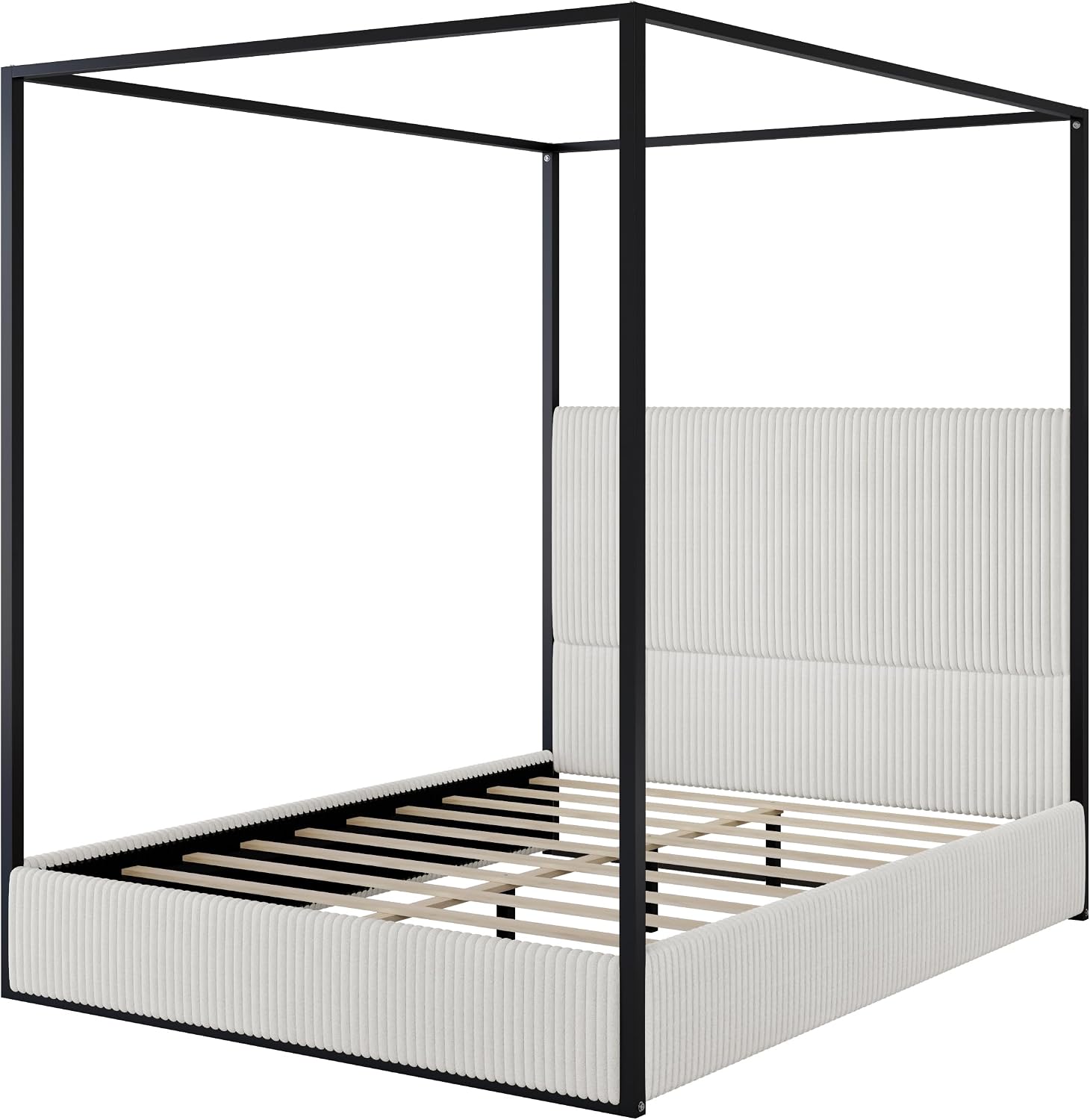 Modern Luxury 4-Poster Canopy Platform Bed Queen Size with Velvet Upholstered Tall Headboard, Metal Canopied Design Platform Bed Frame with Strong Slats Support (White+Black)