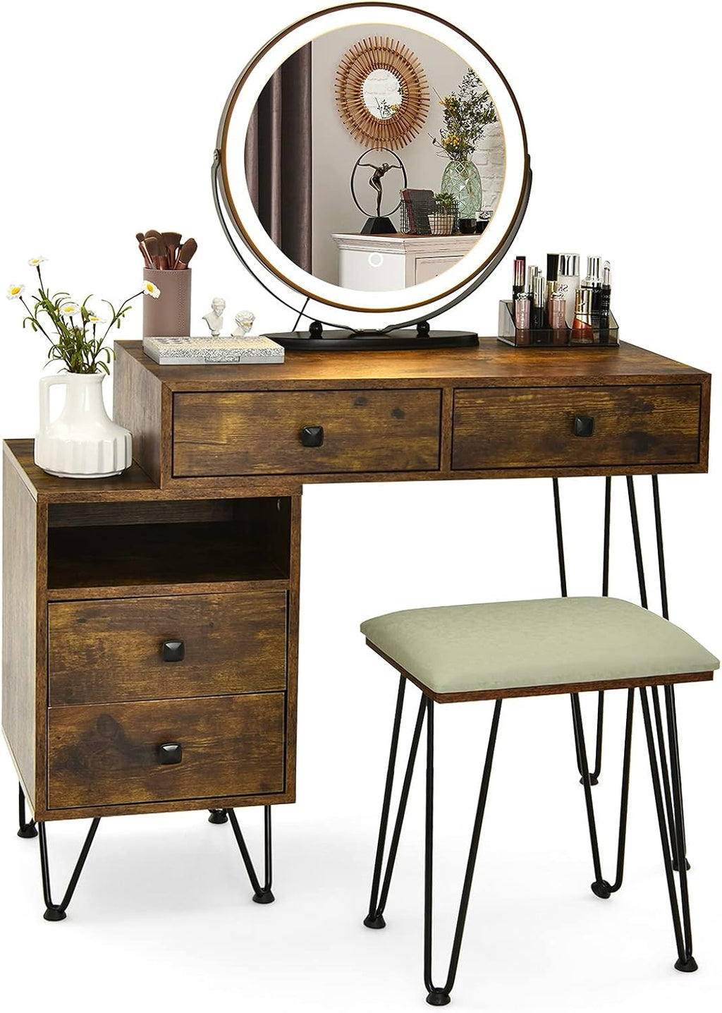 CHARMAID Vanity Desk with Reversible Side Cabinet, Makeup Vanity Table with Lighted Mirror, 3 Color Lights, 4 Drawers, Bedroom Dressing Table with Nightstand and Stool, Rustic Brown