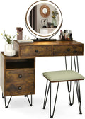 CHARMAID Vanity Desk with Reversible Side Cabinet, Makeup Vanity Table with Lighted Mirror, 3 Color Lights, 4 Drawers, Bedroom Dressing Table with Nightstand and Stool, Rustic Brown