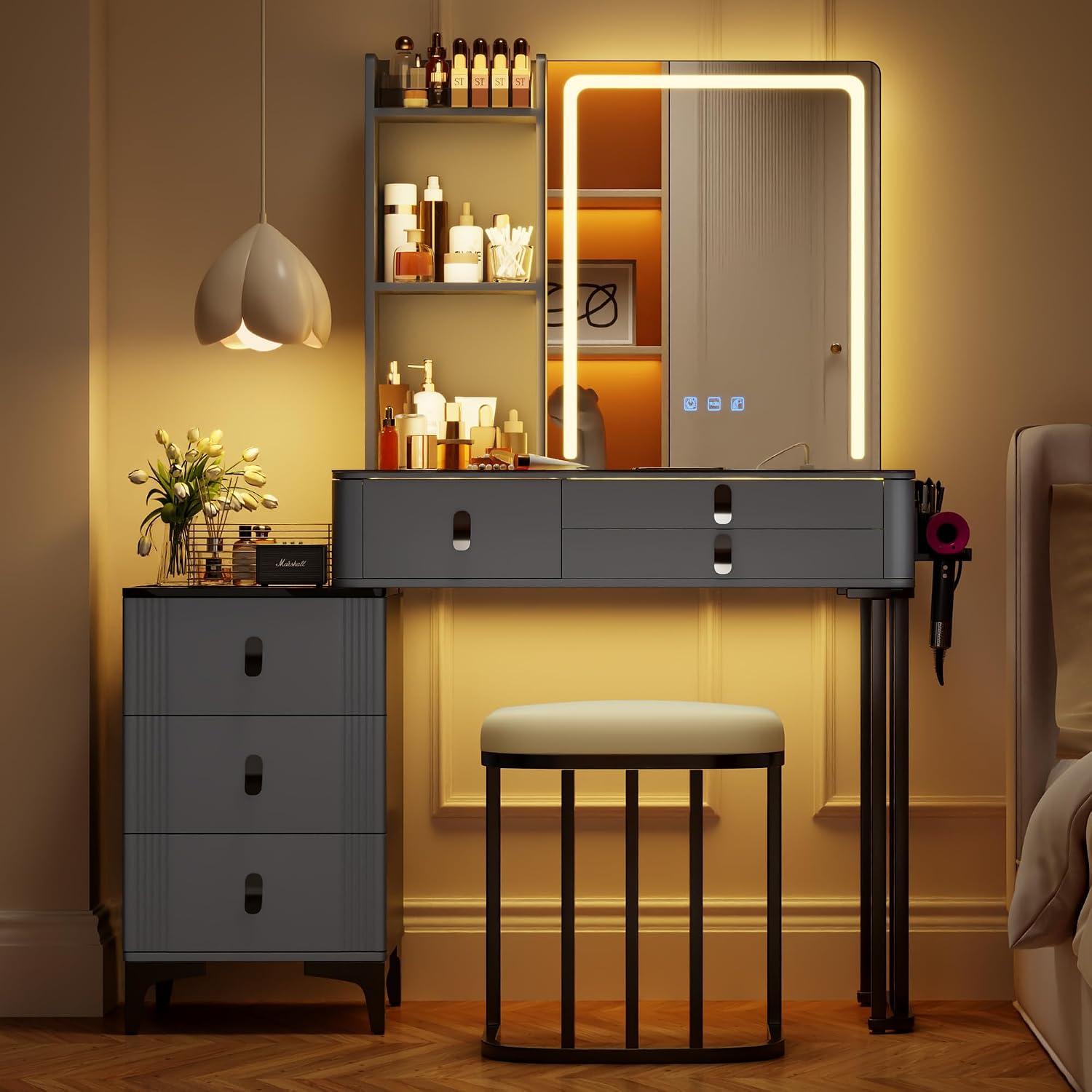 RGB Vanity Desk with Mirror and Lights, Glass Top Makeup Vanity Table with Wireless Charging Station, Dressing Table with Chair & 6 Drawers (Grey)