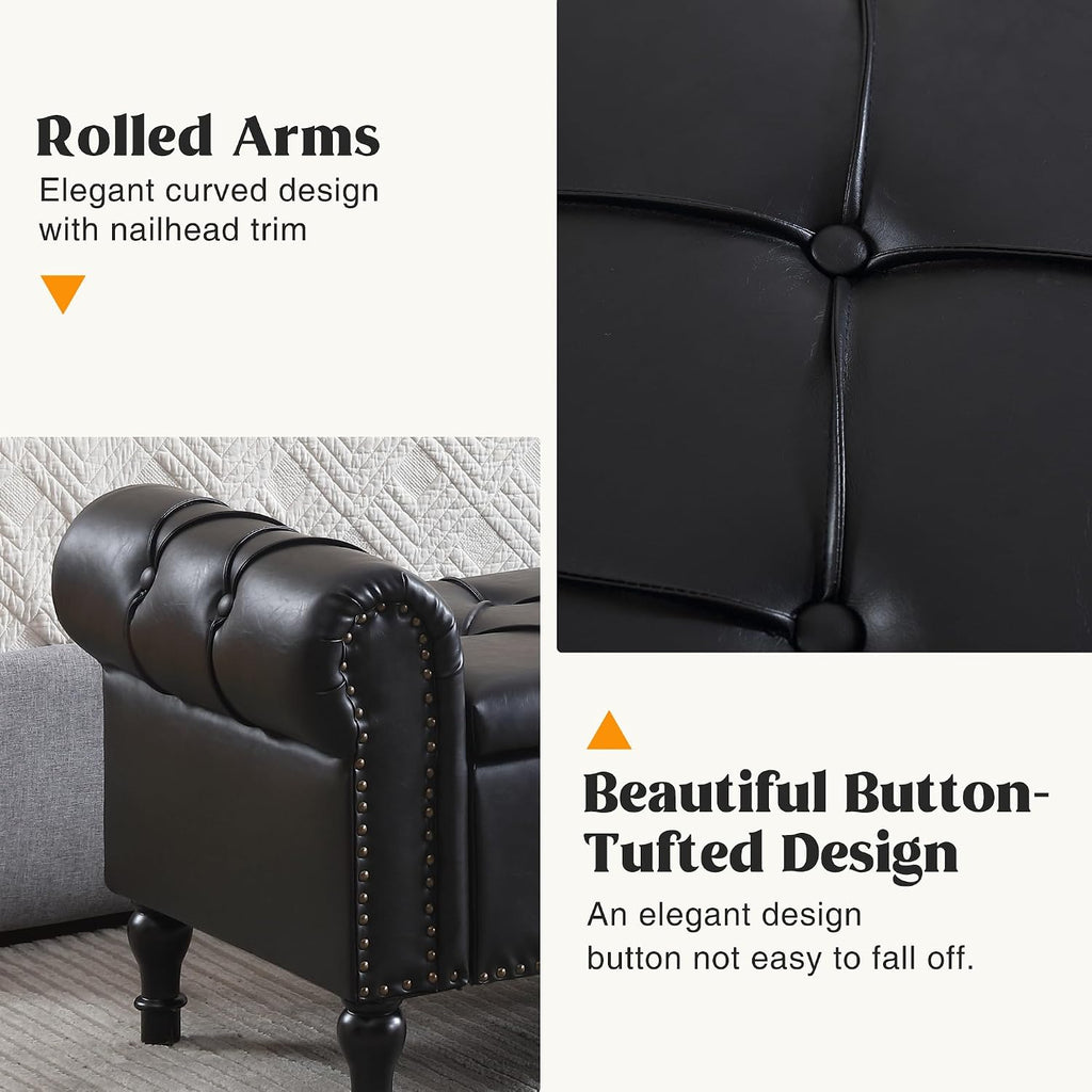 Leather Storage Bench 67 Inch Upholstered Tufted Ottoman Bench with Arms King Size End of Bed Bench for Bedroom Living Room Entryway Black