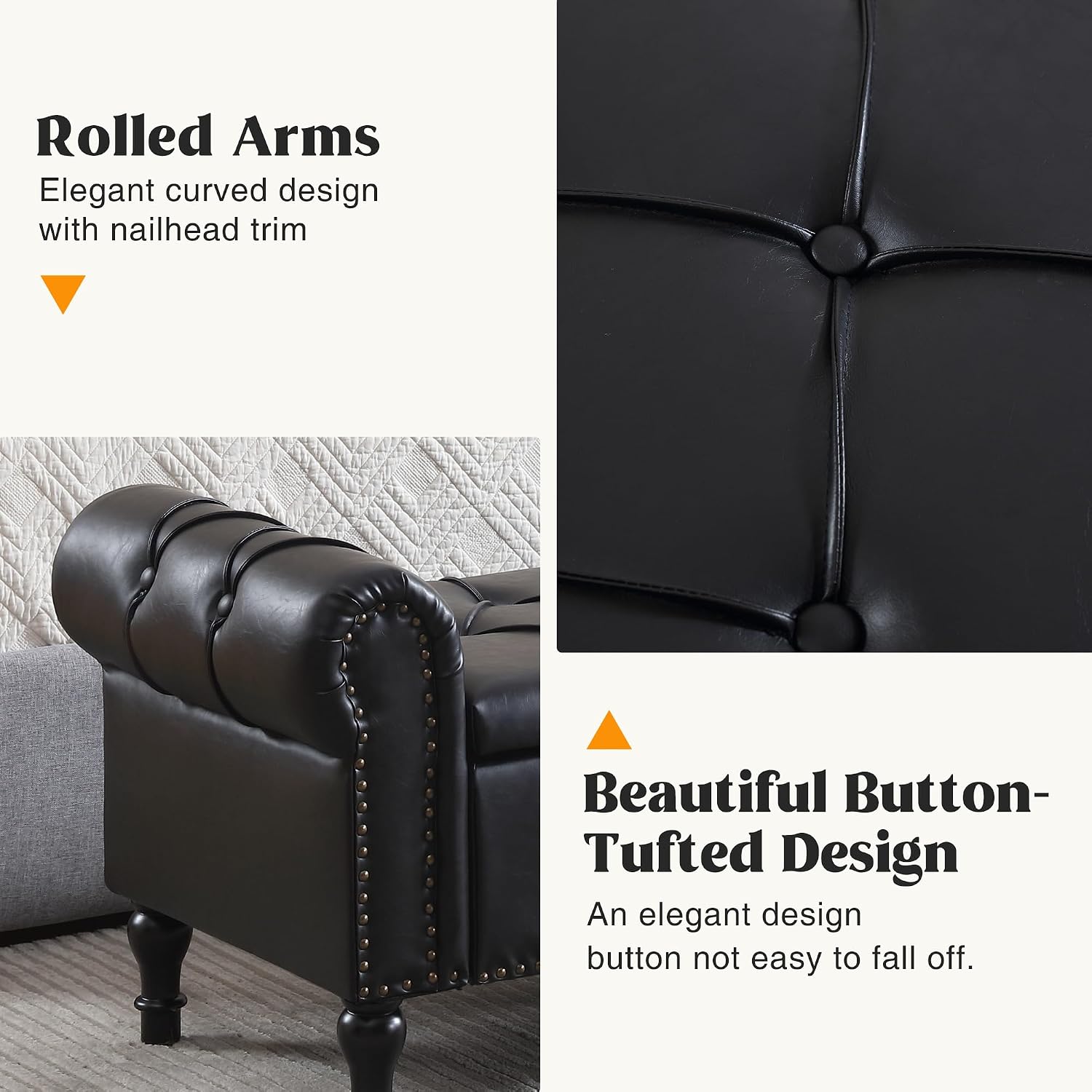 Leather Storage Bench 67 Inch Upholstered Tufted Ottoman Bench with Arms King Size End of Bed Bench for Bedroom Living Room Entryway Black
