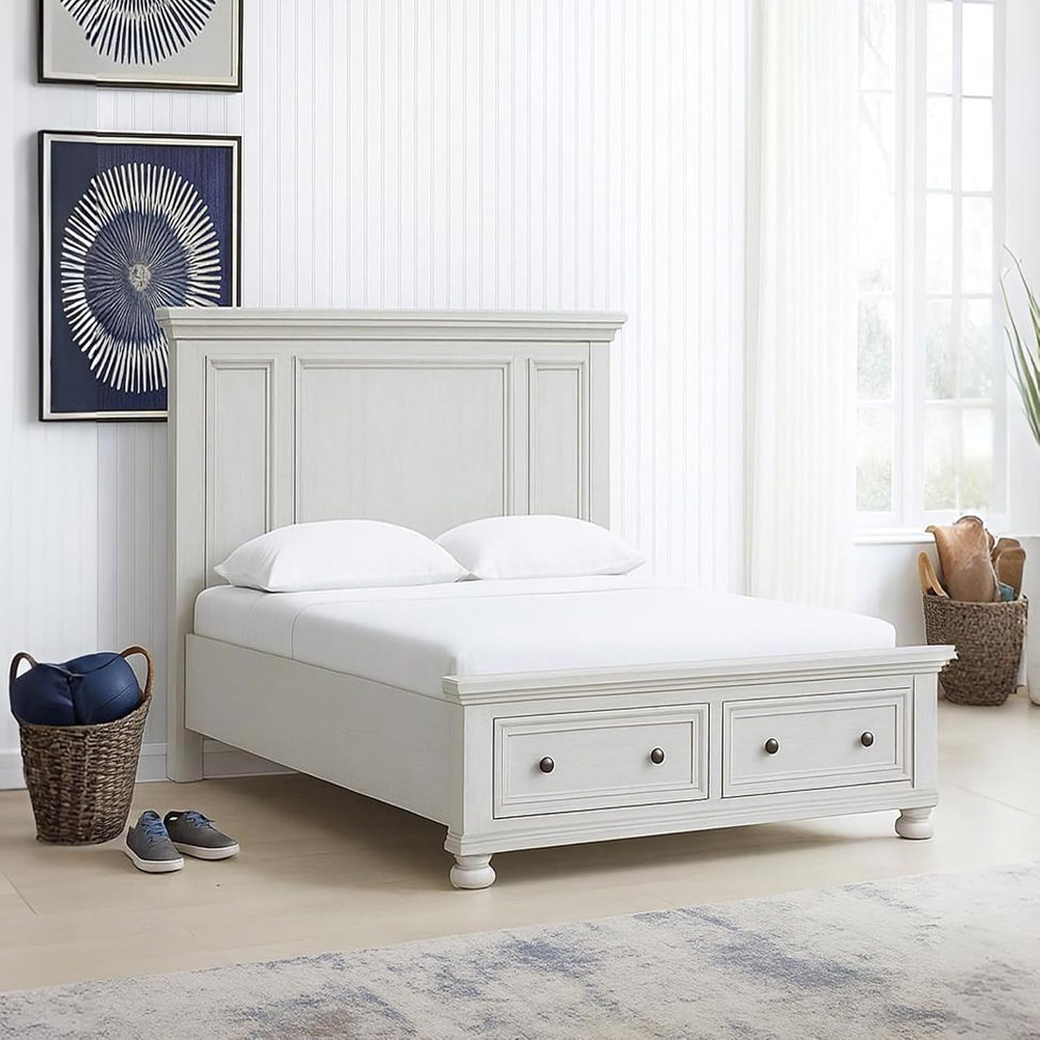 Signature Design by Ashley Robbinsdale Casual 2-Drawer Queen Platform Storage Bed, Foundation or Box Spring Not Needed, White