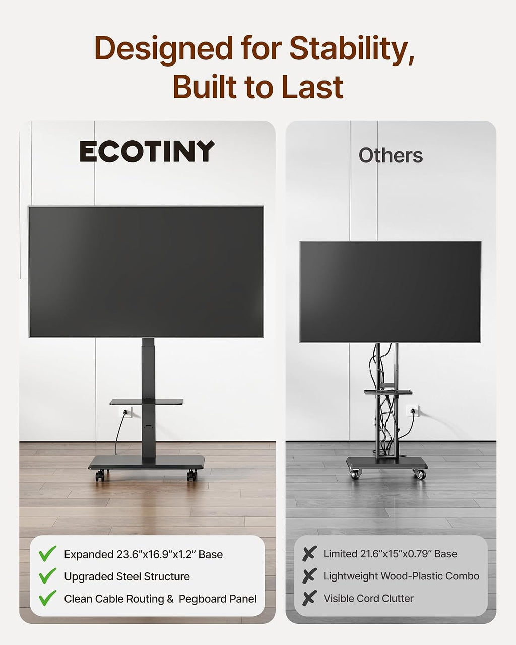 Steel Base Rolling TV Stand for 37-86 Inch TVs up to 110 lbs, Rotating & Tilt & Swivel Mobile TV Stand with Pegboard Storage Panel, Height Adjustable Portable TV Cart with Steel Shelf, Black
