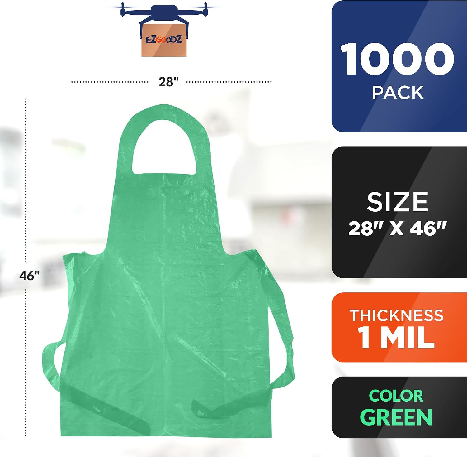 EZGOODZ Disposable Aprons, Green 28 x 46 Inch Plastic Disposable Aprons, 1 Mil Polyethylene Apron with Extra Long Ties, Pack of 1 000 Pieces
