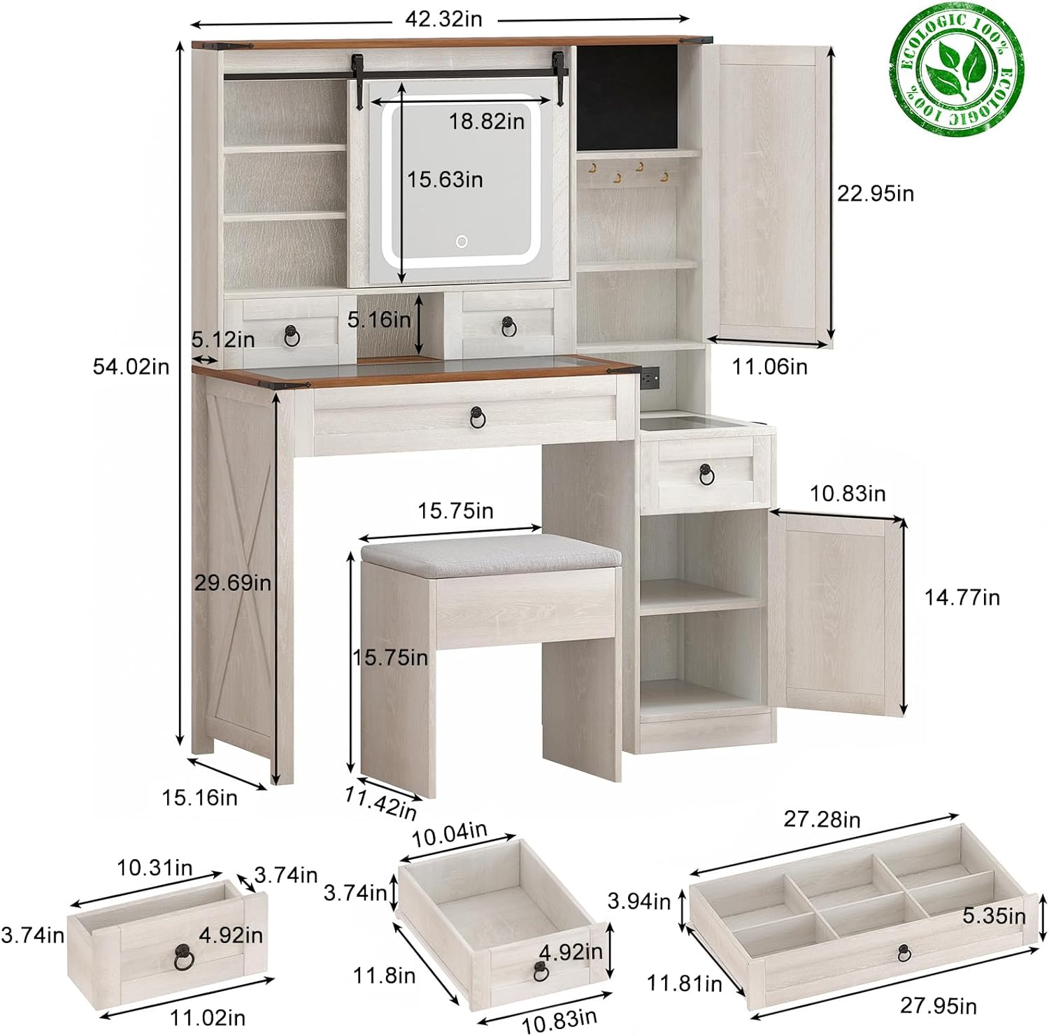 Farmhouse Makeup Vanity Desk with Sliding Mirror and Lights, 42' Glass Top White Vanity Set with Charging Station & 4 Drawers & 2 Cabinets, Dressing Table with Stool for Bedroom