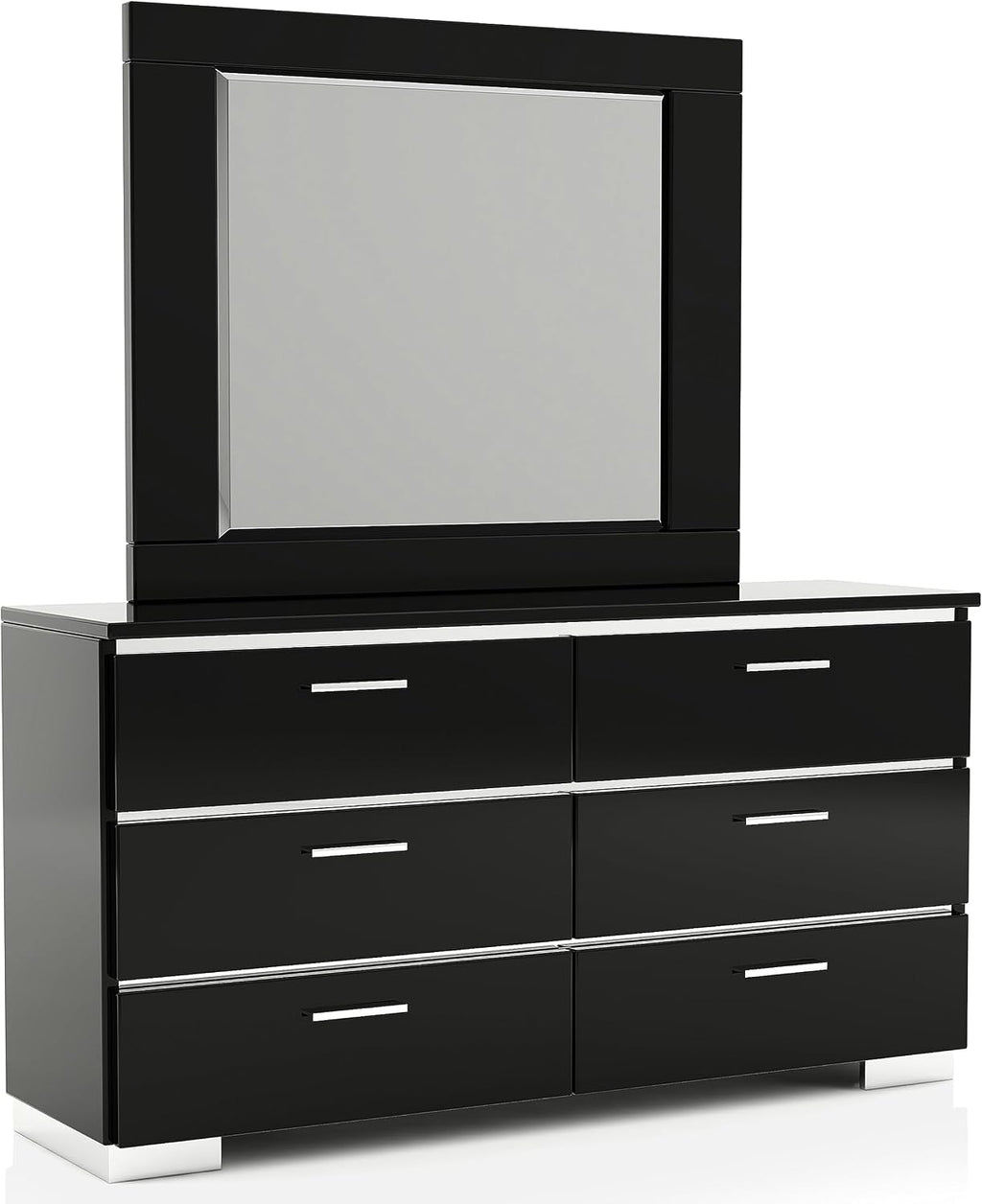 Furniture of America Alexandria Glam Wood 6-Piece Bedroom Set with Embedded LED Light, USB Charger, Felt-Lined Top Drawers, No Box Spring Required for Bedroom, Guest Room Bed, Queen, Black, Chrome