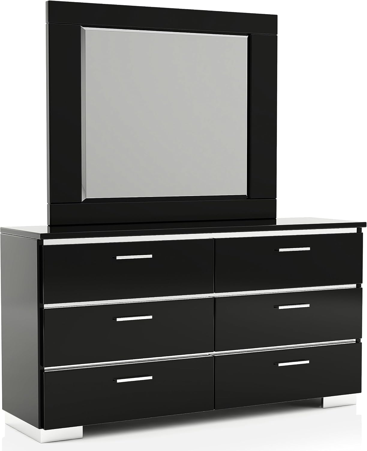 Furniture of America Alexandria Glam Wood 6-Piece Bedroom Set with Embedded LED Light, USB Charger, Felt-Lined Top Drawers, No Box Spring Required for Bedroom, Guest Room Bed, Queen, Black, Chrome