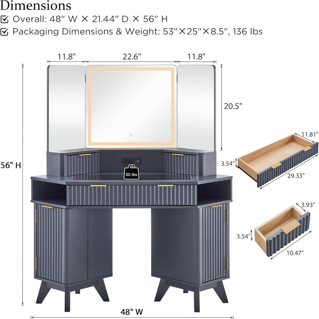 T4TREAM Fluted Makeup Vanity Desk with 3 Way Mirror and Lights, 48' Large Corner Vanity Table with Glass Top, Charging Station, 3 Drawers, Storage Cabinets & Shelves, for Bedroom, Dark Grey