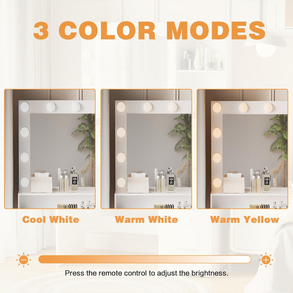YESHOMY 39' Vanity Desk with Mirror & Lights, Makeup Vanity Table with Power Outlet & Storage Drawers, 3 Color LED Lighting, Dressing Table for Bedroom, White