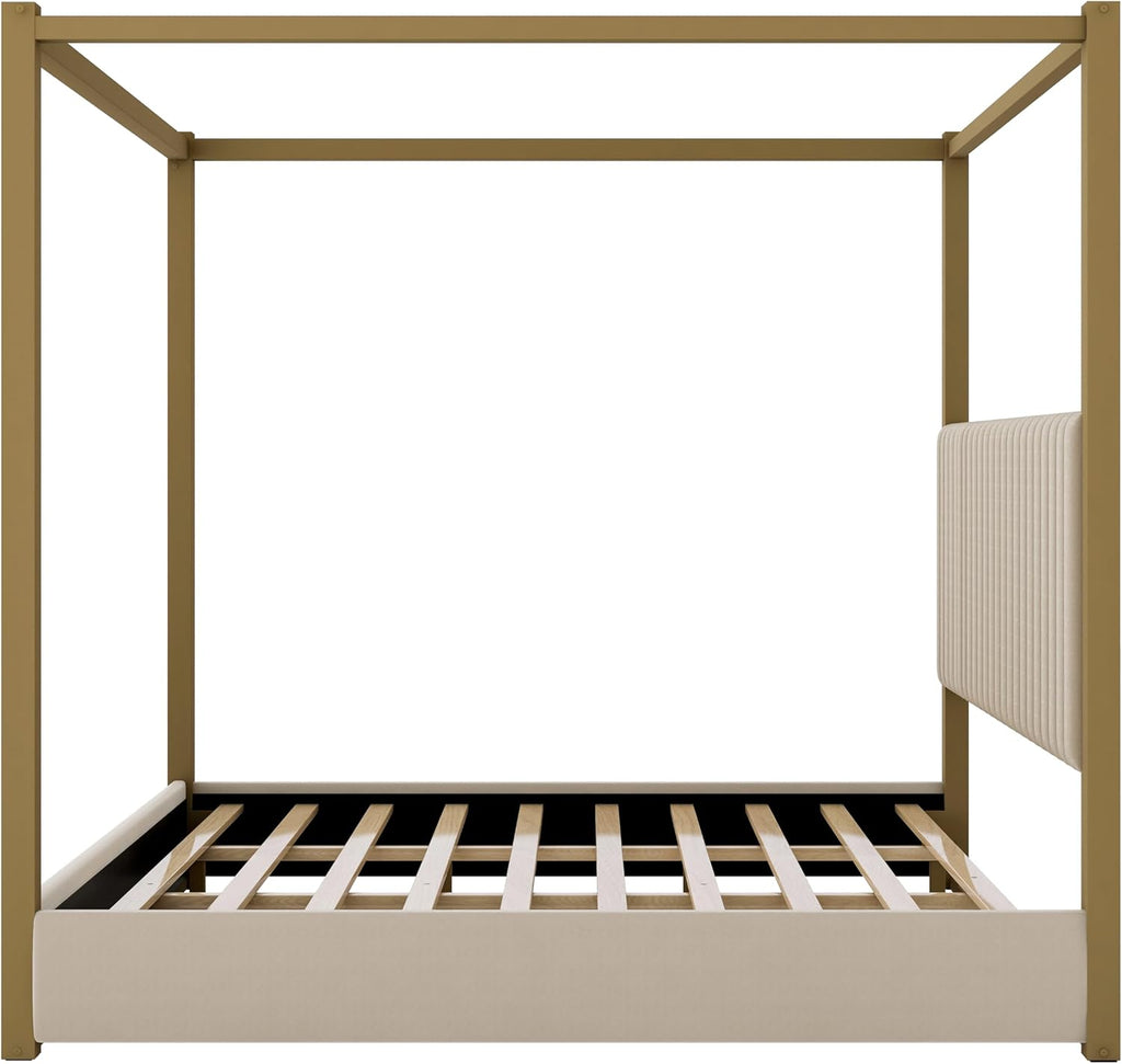 Modern 4-Poster Canopy Platform Bed King Size with Channel Upholstery Tufted Headboard, Gold Metal Canopied Design Platform Bed Frame with Strong Slats Support (Beige-1.20)