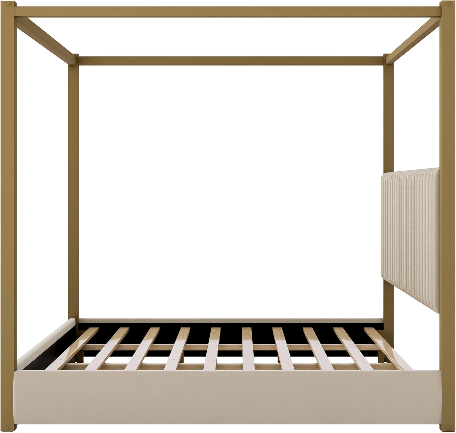 Modern 4-Poster Canopy Platform Bed King Size with Channel Upholstery Tufted Headboard, Gold Metal Canopied Design Platform Bed Frame with Strong Slats Support (Beige-1.20)