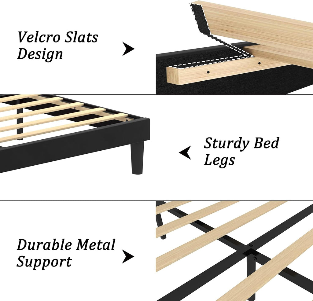 King Size Bed Frame with Upholstered Wingback Headboard, Easy Assemnly Platform Bed and Heavy Duty Wooden Slats Support, Noise-Free, No Box Spring Needed (Black, King)