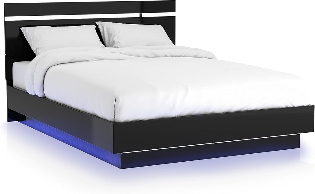 Furniture of America Alexandria Glam Wood 6-Piece Bedroom Set with Embedded LED Light, USB Charger, Felt-Lined Top Drawers, No Box Spring Required for Bedroom, Guest Room Bed, Queen, Black, Chrome