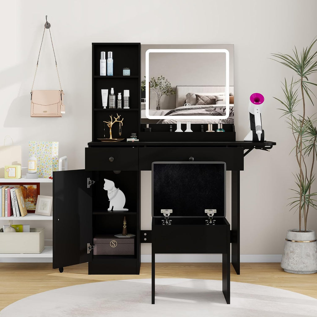 Panana Vanity Desk Set with Mirror and LED Lights, Makeup Table with 2 Drawers & 1 Cabinet, Power Outlet, Storage Cushioned Stool, Dressing Table for Bedroom (Black)