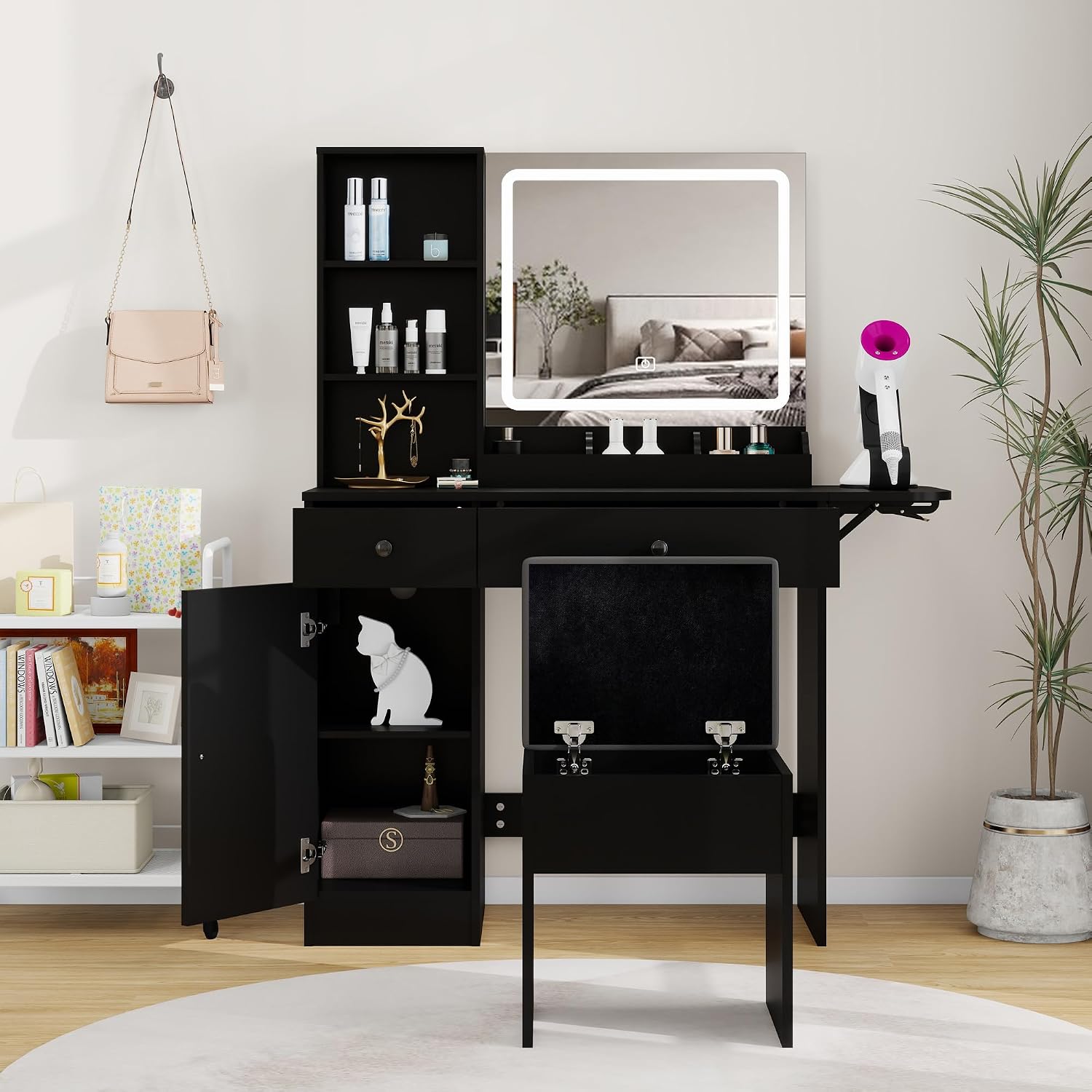 Panana Vanity Desk Set with Mirror and LED Lights, Makeup Table with 2 Drawers & 1 Cabinet, Power Outlet, Storage Cushioned Stool, Dressing Table for Bedroom (Black)