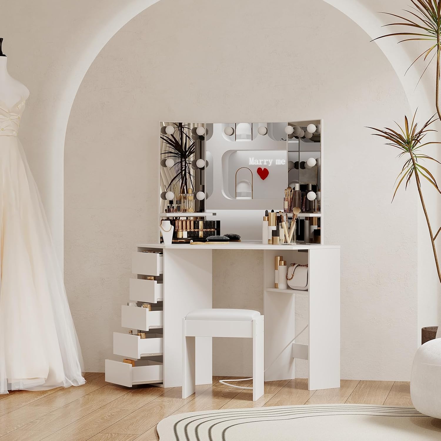 GarveeHome Corner Vanity and Stool, Corner Vanity Desk with Mirror and Lights, Corner Makeup Vanity with Power Outlet, 3 Color & Brightness Adjustable Light, Makeup Vanity for Girls and Women, White