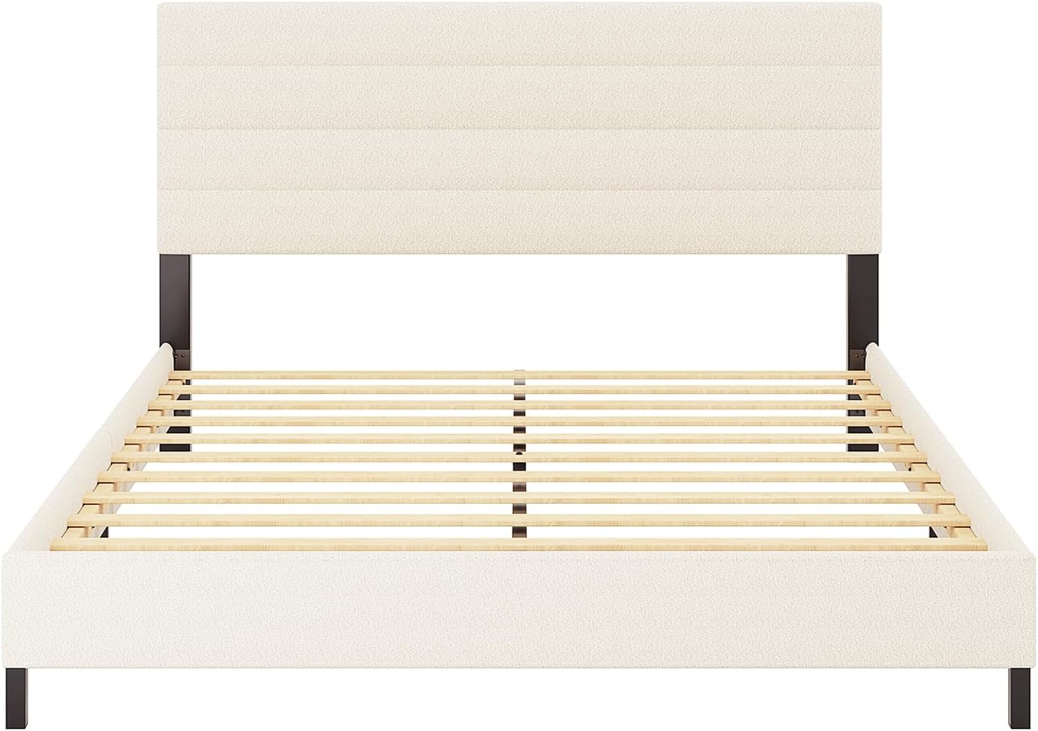 Furnihome Queen Bed Frame, Modern Sherpa Upholstered Bed Frame with Adjustable Headboard, Wooden Slats Support Platform Queen Size Bed Frames, No Box Spring Needed,Easy Assembly,Cream