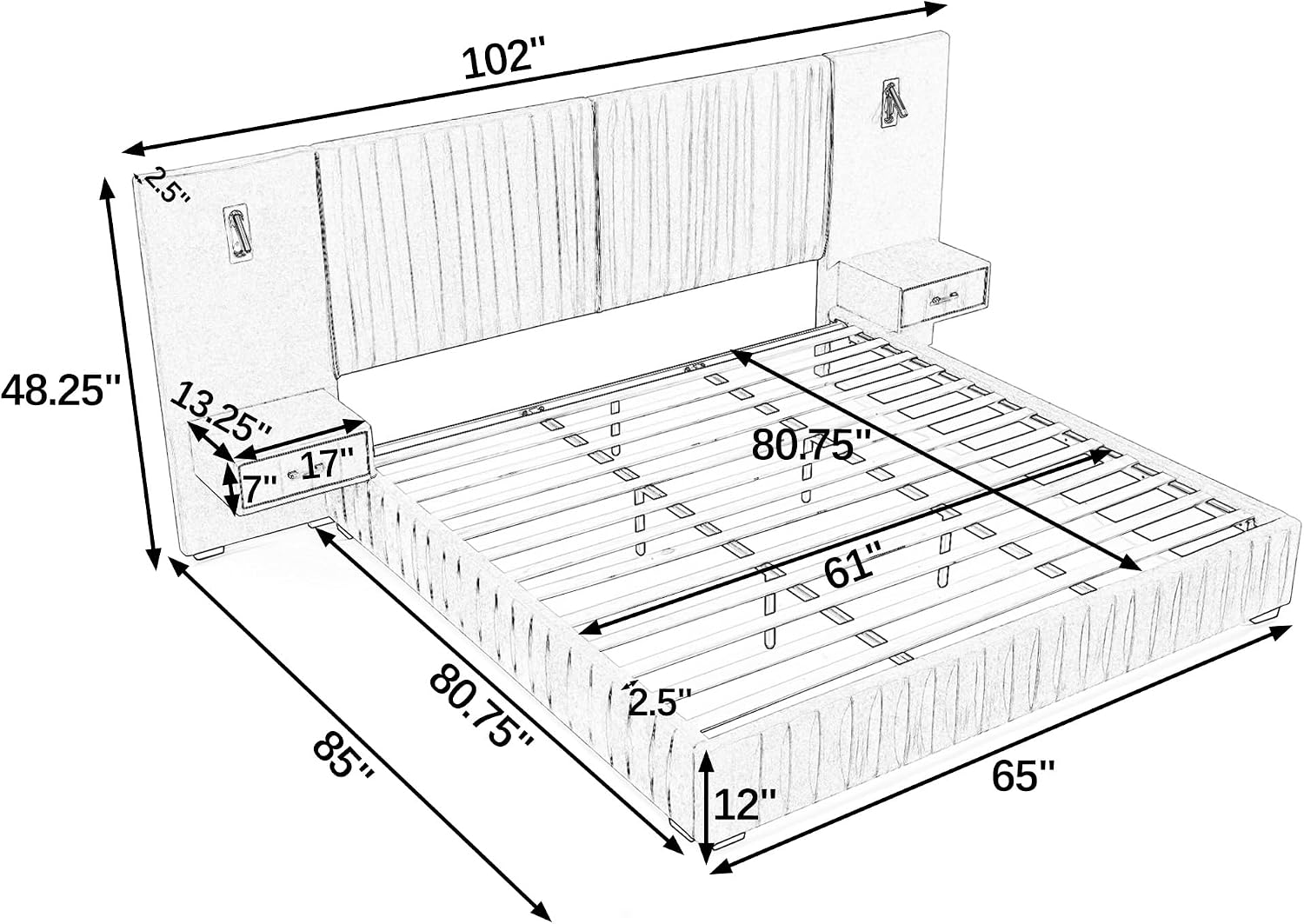 Queen Size Upholstered Platform Bed Frame with Headboard & Built-in Nightstand, Luxury Bed Frame for Modern Bedroom Sets, No Box Spring Needed, Stable & Adjustable Lighting(Dark Grey)
