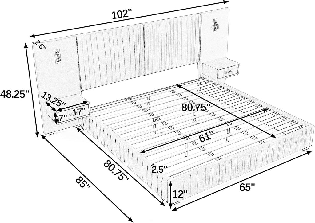 Queen Size Upholstered Platform Bed Frame with Headboard & Built-in Nightstand, Luxury Bed Frame for Modern Bedroom Sets, No Box Spring Needed, Stable & Adjustable Lighting(Beige)
