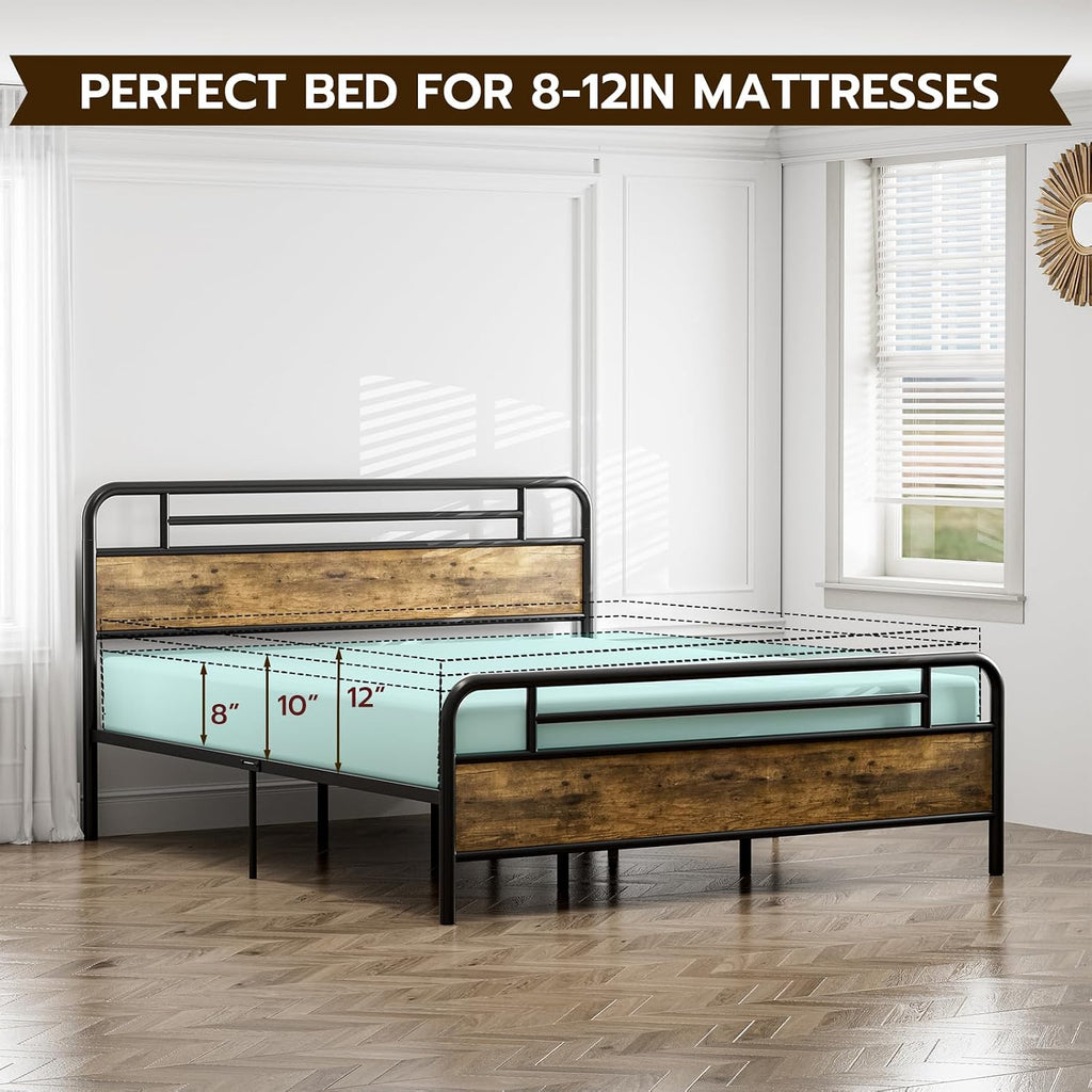 IKIFLY California King Bed Frames with Wood Headboard Footboard, Farmhouse Metal Cal King Platform Bed, Heavy Duty Steel Slats, 12' Under Bed Storage, Noise Free, No Box Spring Needed - Rustic Brown