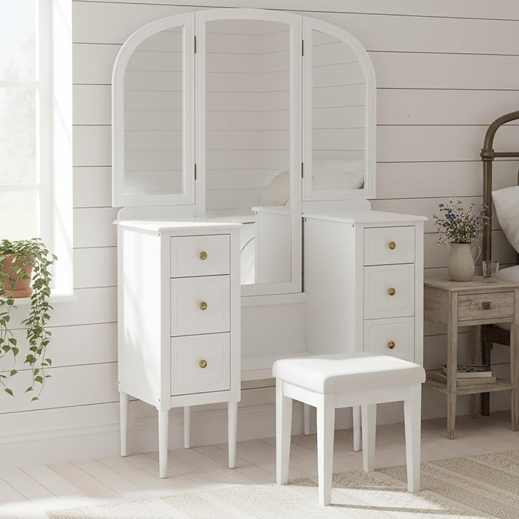 Merax Antique Vanity Desk with Triple Mirror, 46' Makeup Vanity Set with Cushioned Stool, Large Dressing Table with 6 Storage Drawers for Bedroom Dressing Room, White