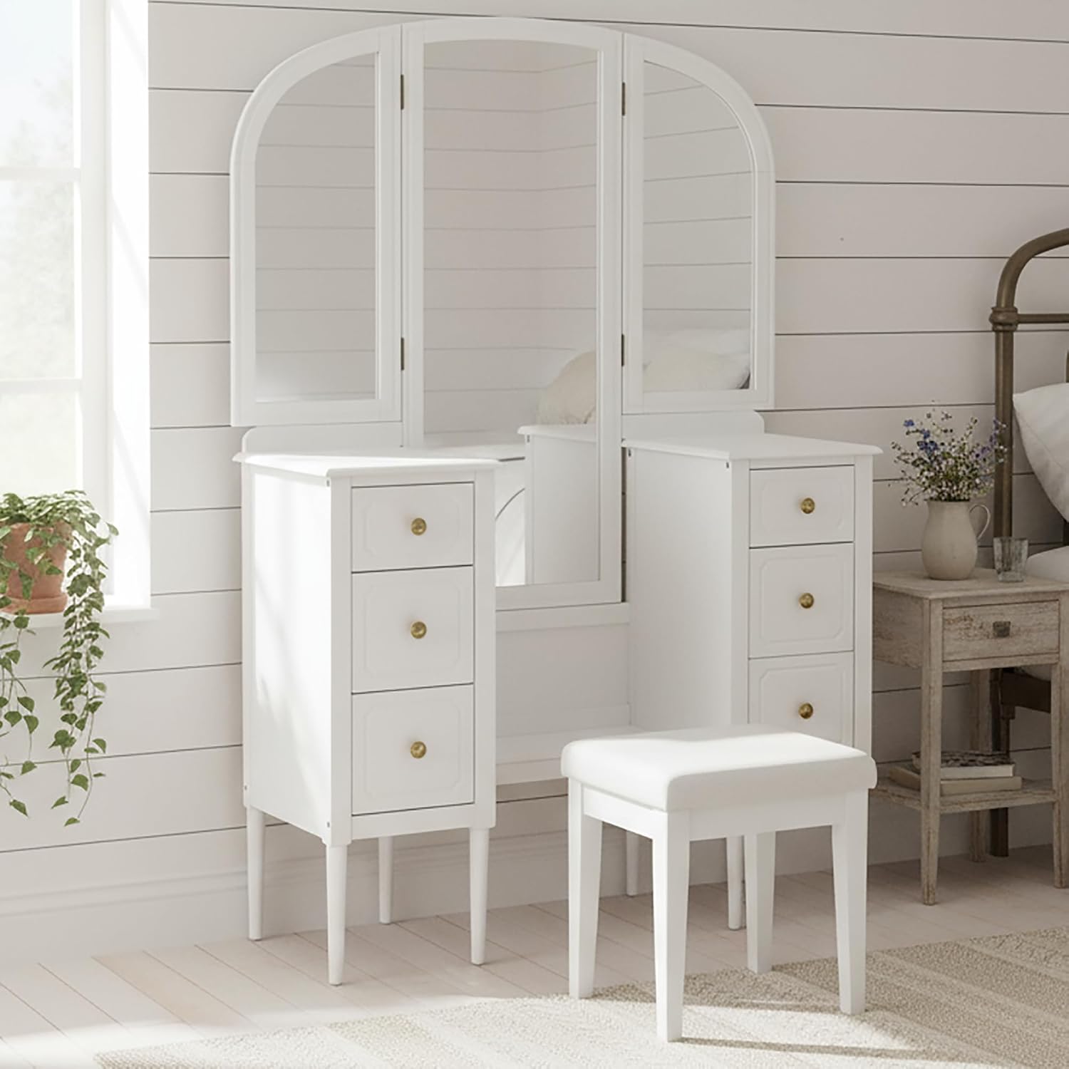 Merax Antique Vanity Desk with Triple Mirror, 46' Makeup Vanity Set with Cushioned Stool, Large Dressing Table with 6 Storage Drawers for Bedroom Dressing Room, White